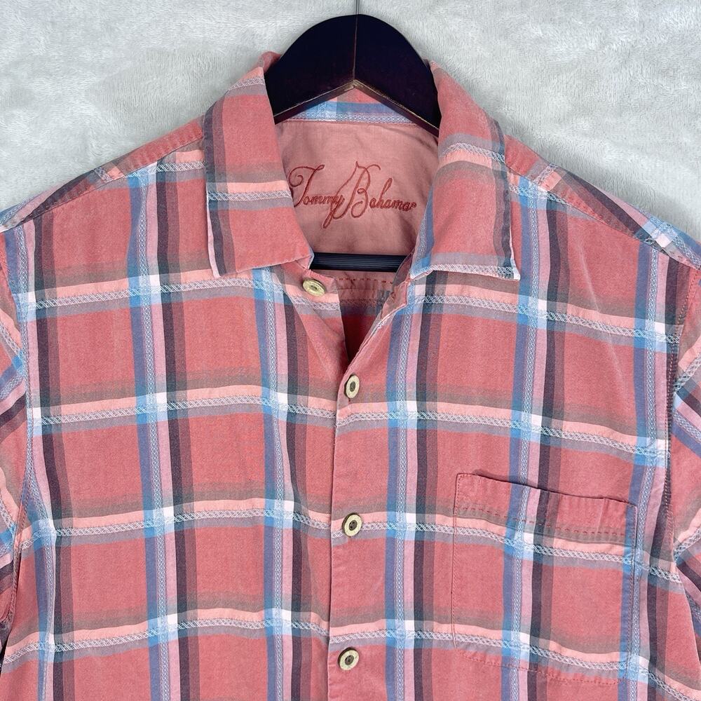 Tommy Bahama Salmon Pink Plaid Shirt 100% Tencel Men's Medium Coastal Preppy